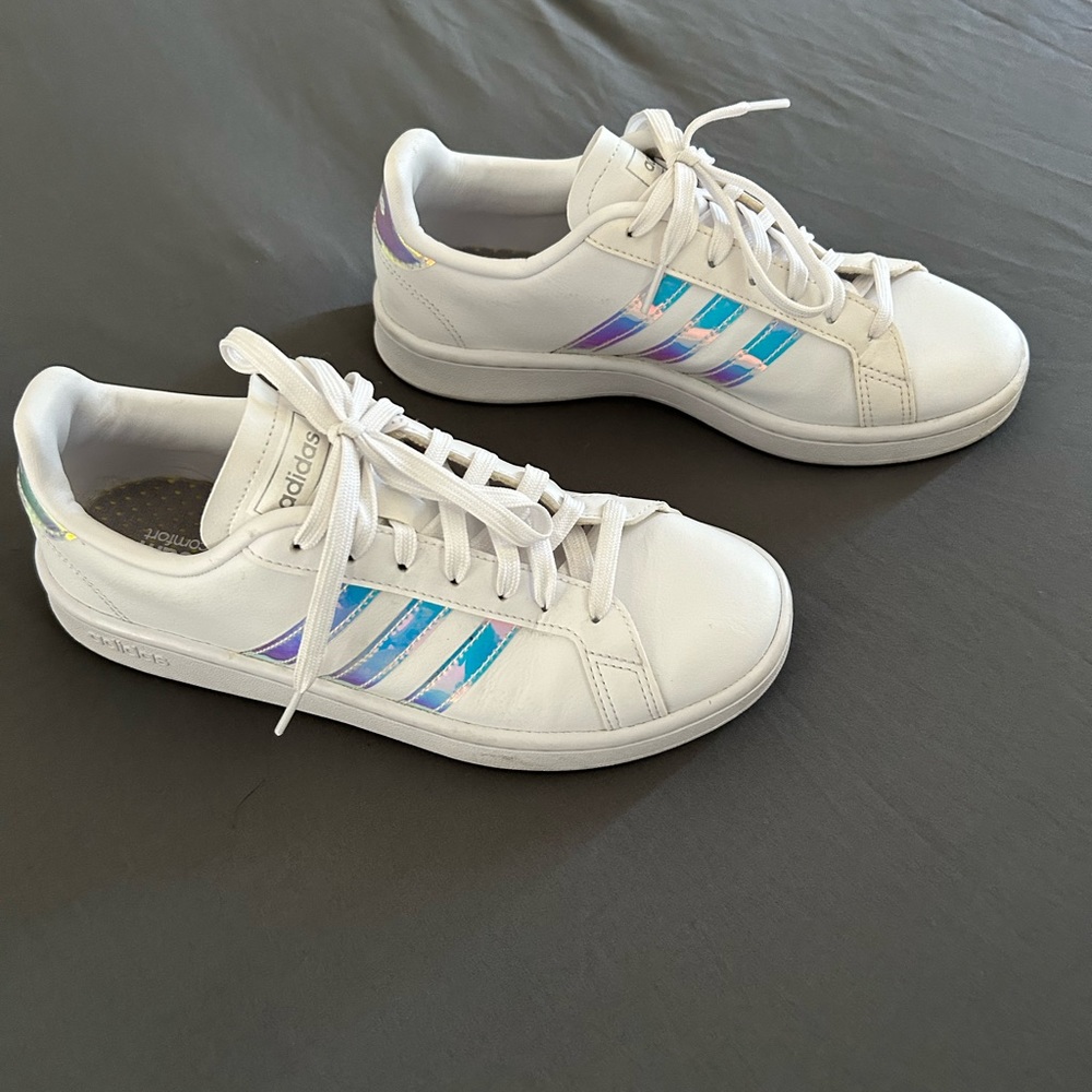 adidas White and Iridescent Blue Sneakers